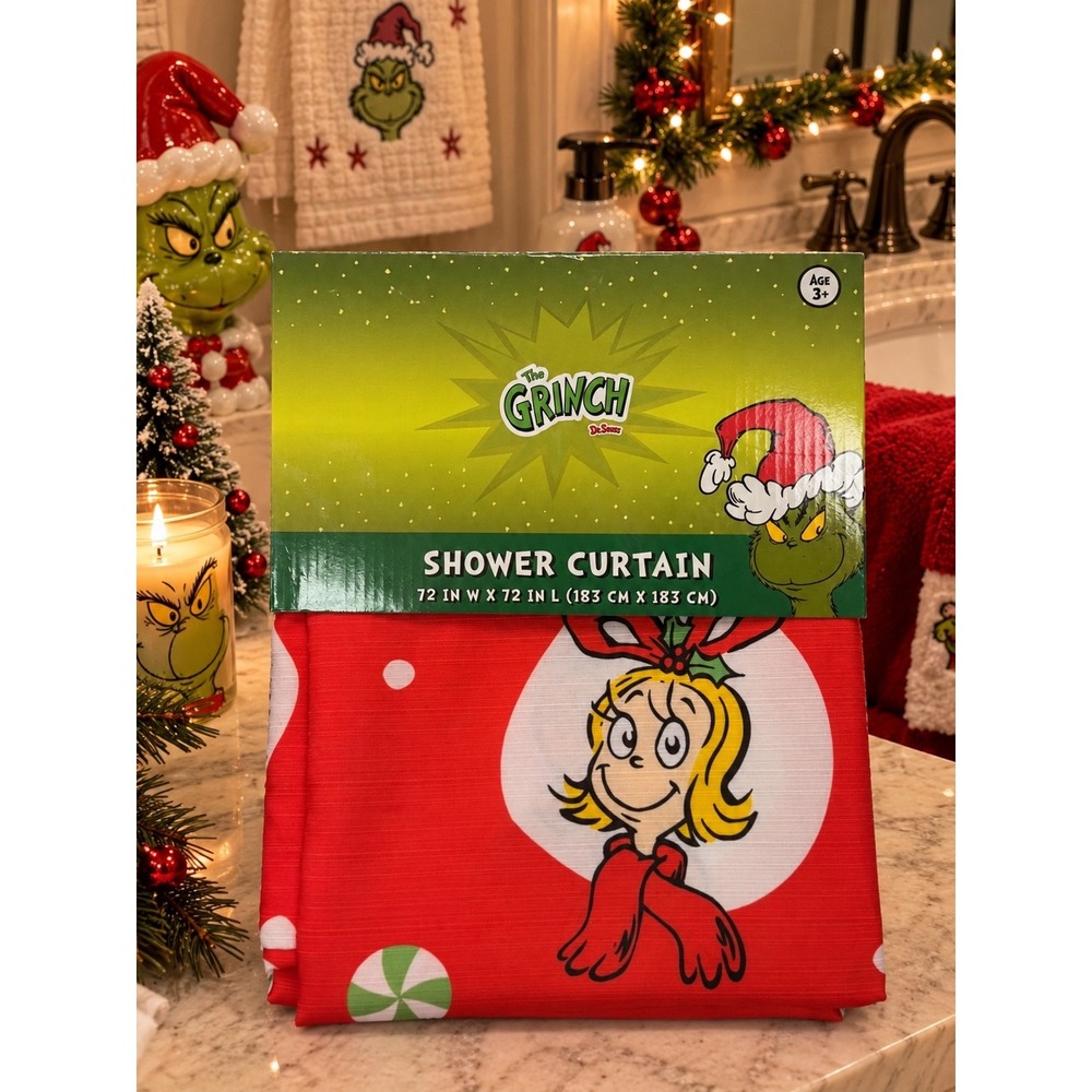 Dr. Seuss The Grinch Christmas Fabric Shower Curtain Red Cindy Lou Who 72x72 NEW